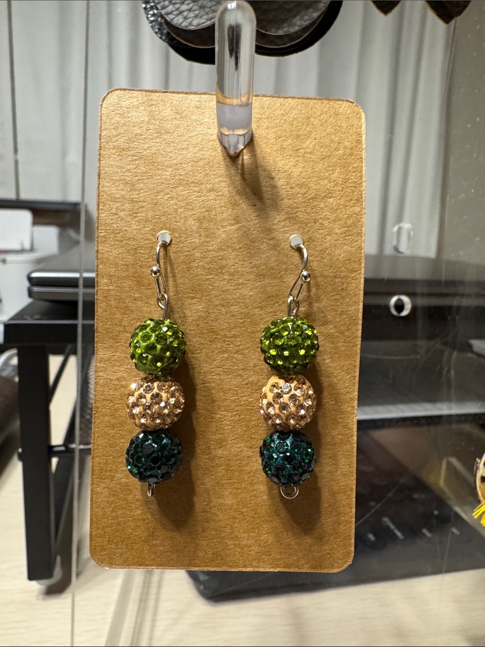 Hand Crafted Triple Bead Drop Earrings - Green & Gold